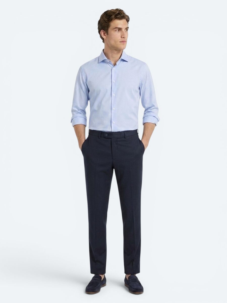 Navy Blue Weaving Fitted Fit Classical 100% Wool Trousers - 1