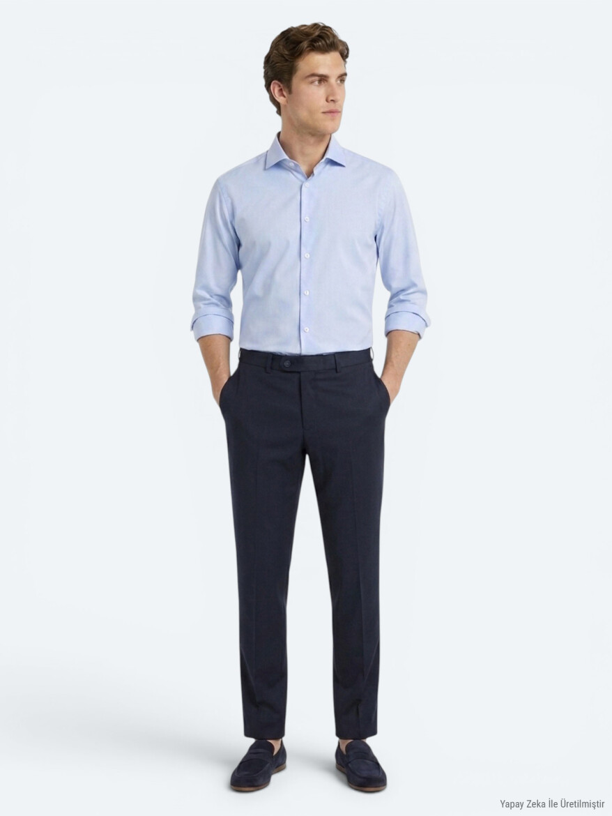 Navy Blue Weaving Fitted Fit Classical 100% Wool Trousers - KİP