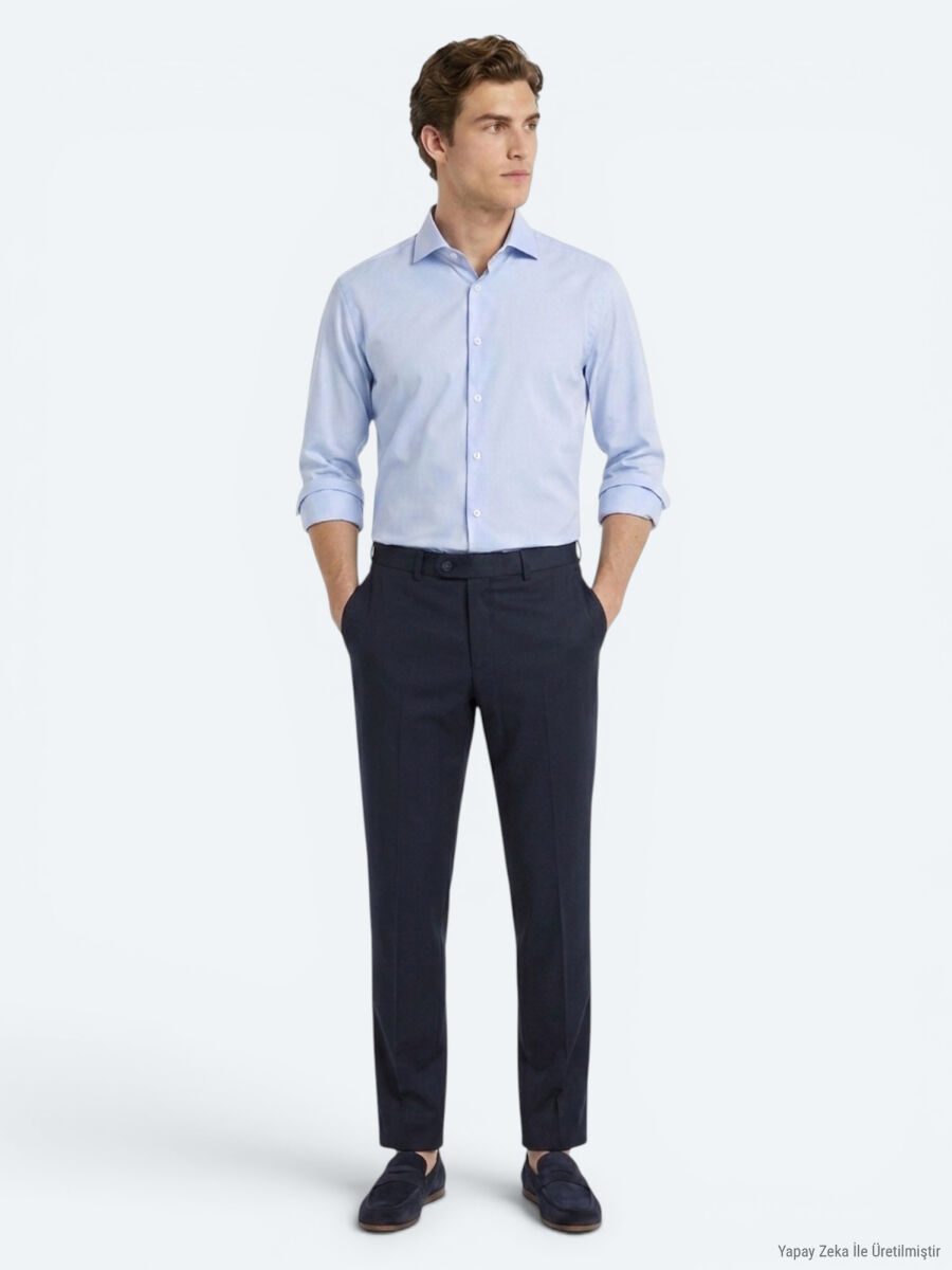 Navy Blue Weaving Fitted Fit Classical 100% Wool Trousers - 1
