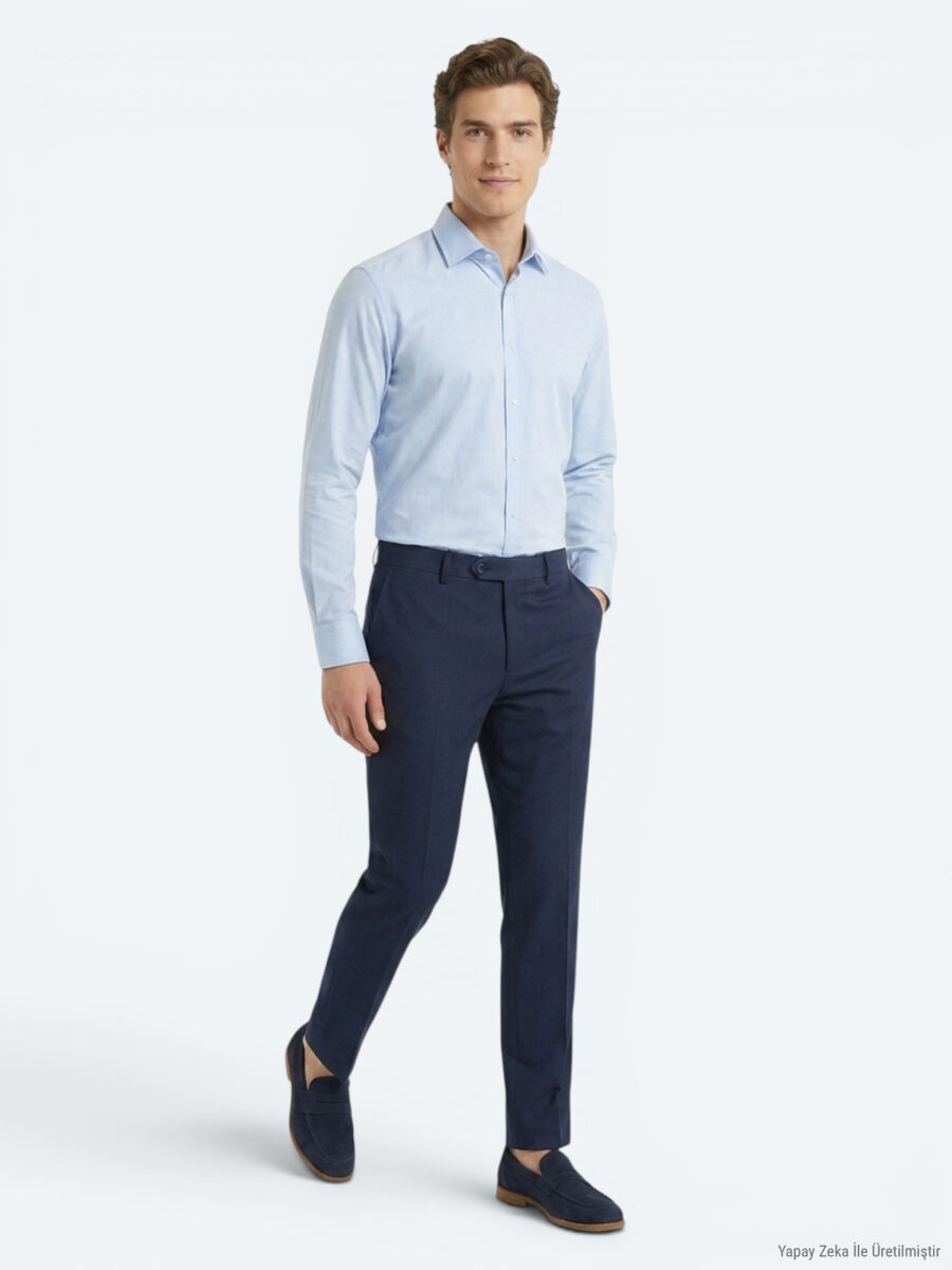 Navy Blue Weaving Fitted Fit Classical 100% Wool Trousers - 3