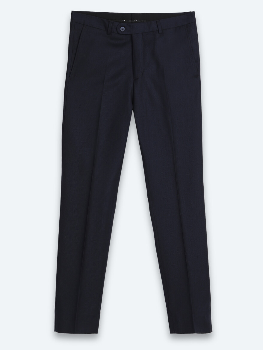 Navy Blue Weaving Fitted Fit Classical 100% Wool Trousers - 5