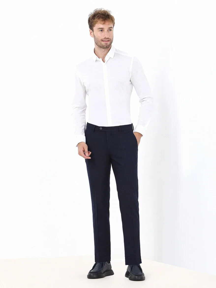 Navy Blue Weaving Fitted Fit Classical Trousers - 2