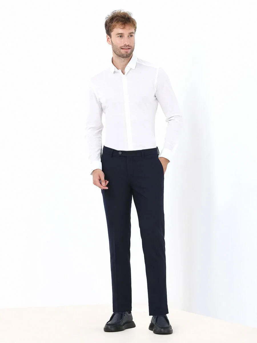 Navy Blue Weaving Fitted Fit Classical Trousers - 2