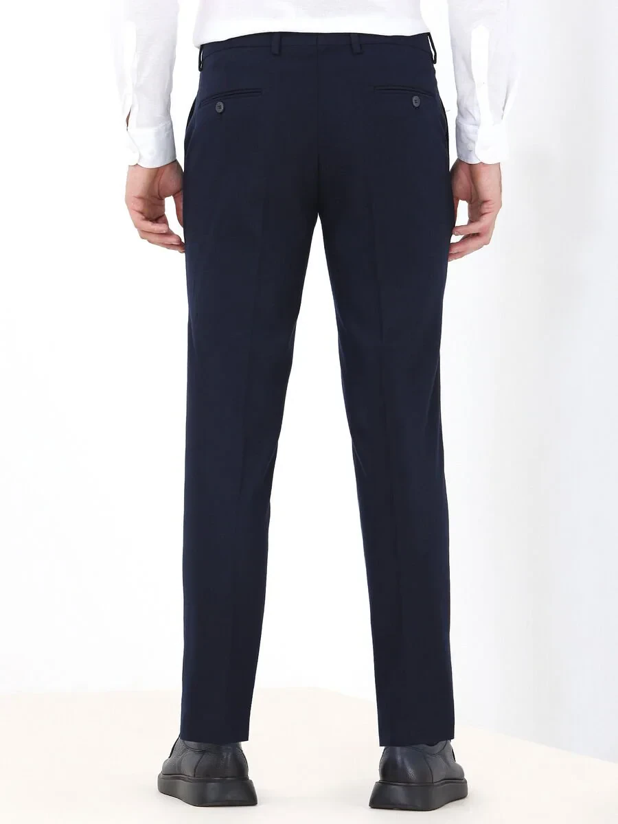 Navy Blue Weaving Fitted Fit Classical Trousers - 5