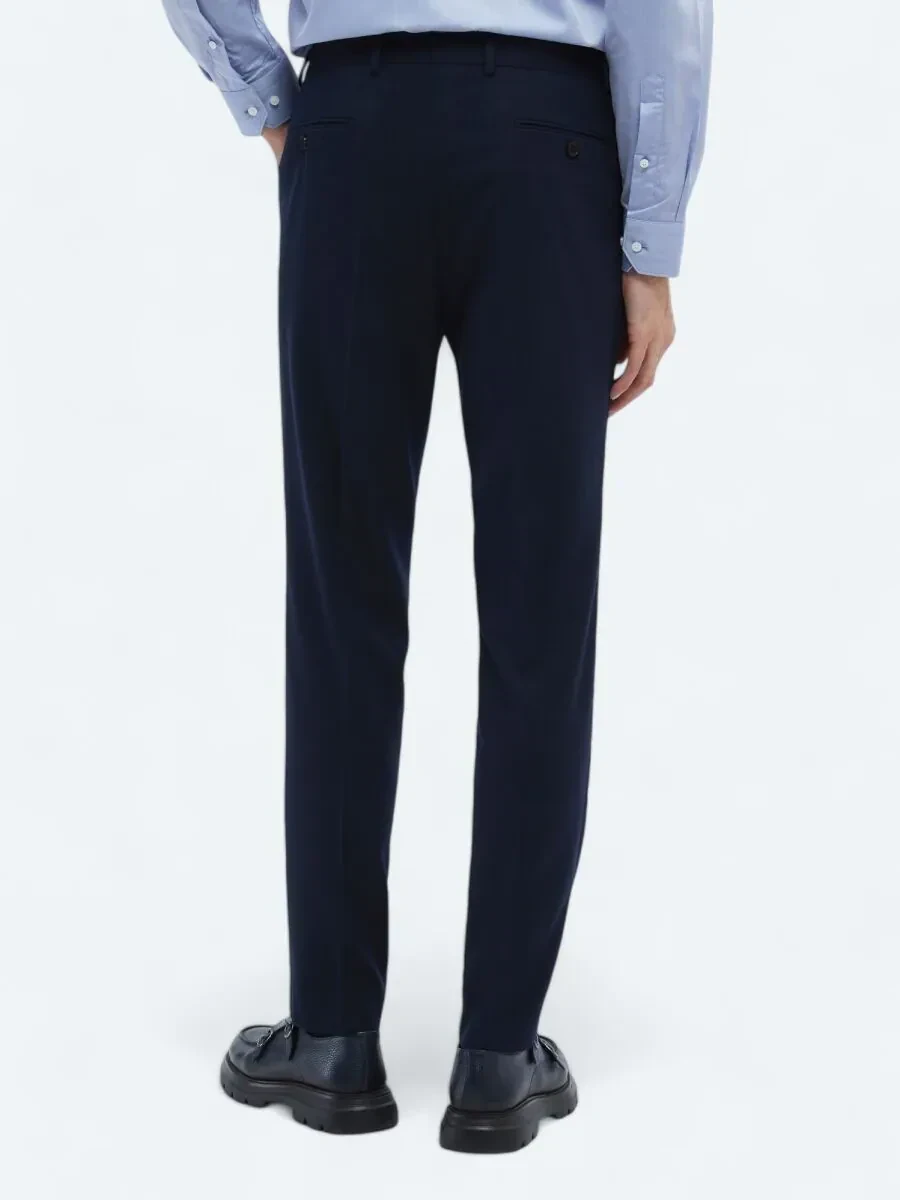 Navy Blue Weaving Fitted Fit Classical Trousers - 4