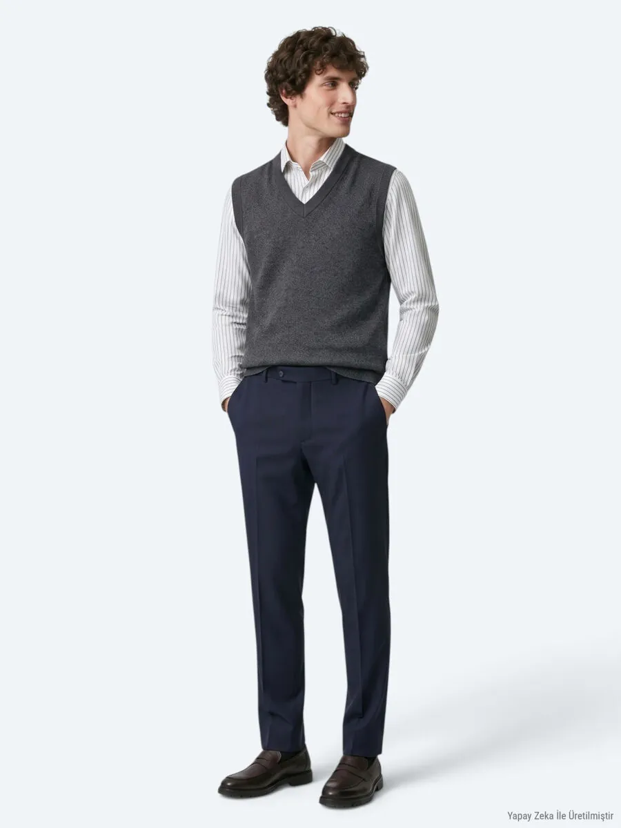 Navy Blue Weaving Fitted Fit Classical Trousers - 1