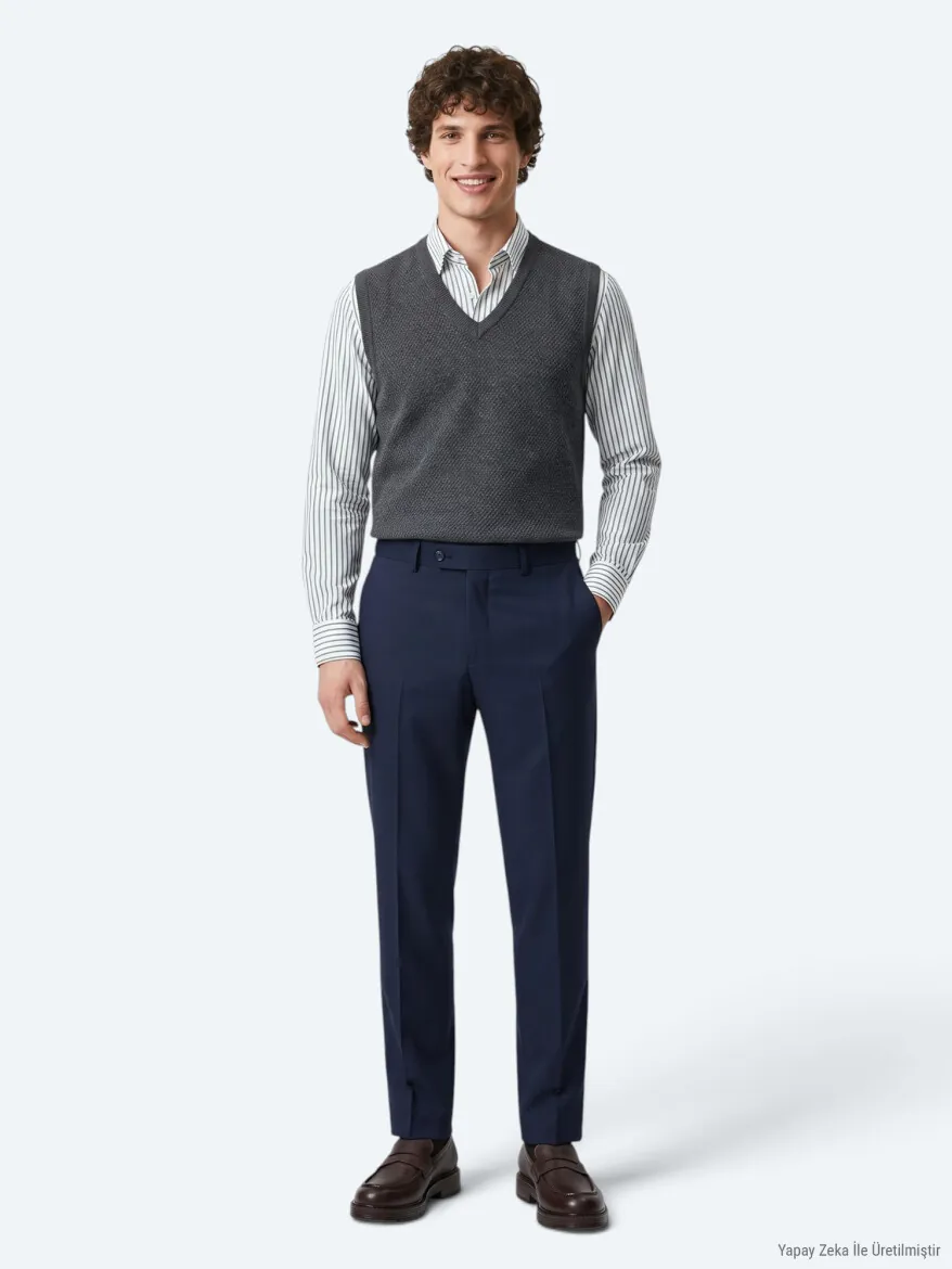 Navy Blue Weaving Fitted Fit Classical Trousers - 3