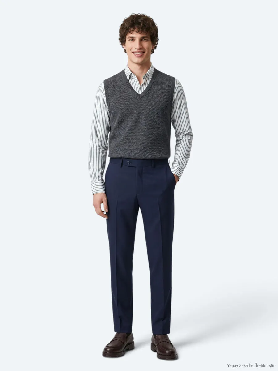 Navy Blue Weaving Fitted Fit Classical Trousers - 3
