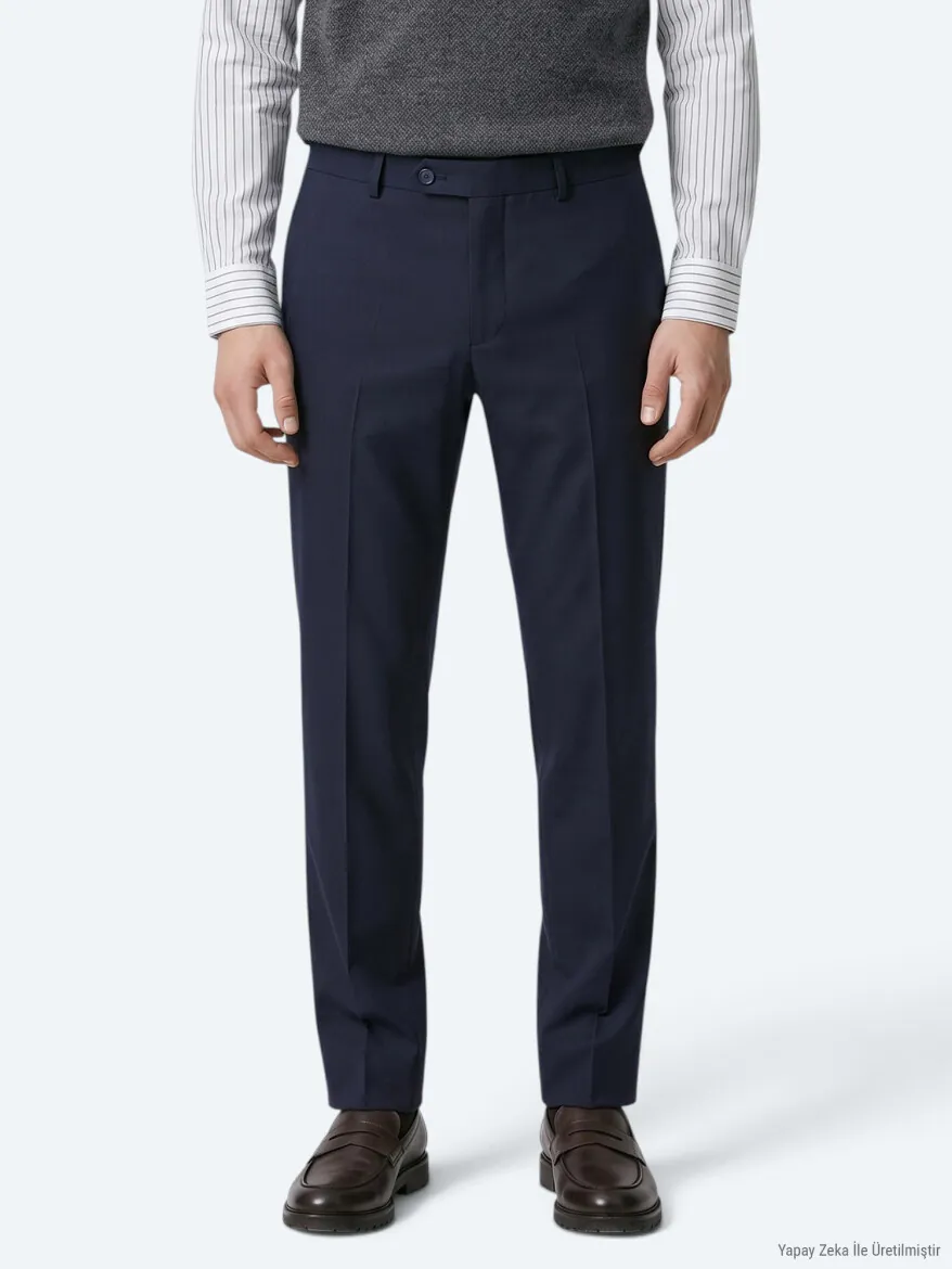 Navy Blue Weaving Fitted Fit Classical Trousers - 4