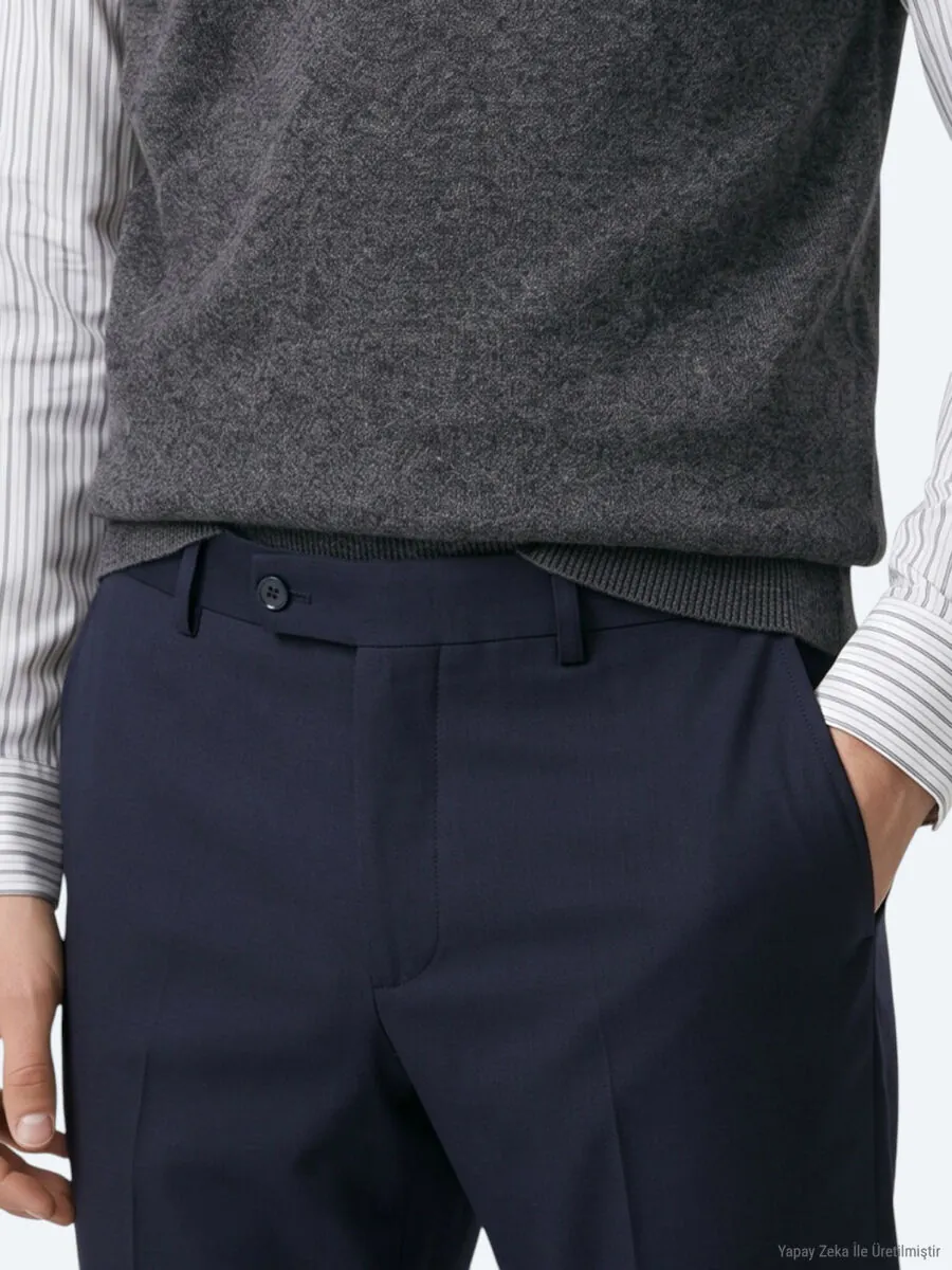 Navy Blue Weaving Fitted Fit Classical Trousers - 5