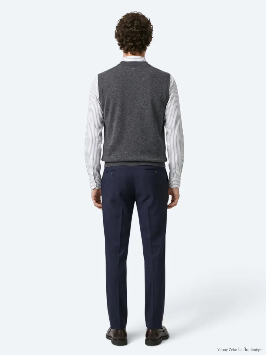 Navy Blue Weaving Fitted Fit Classical Trousers - 6