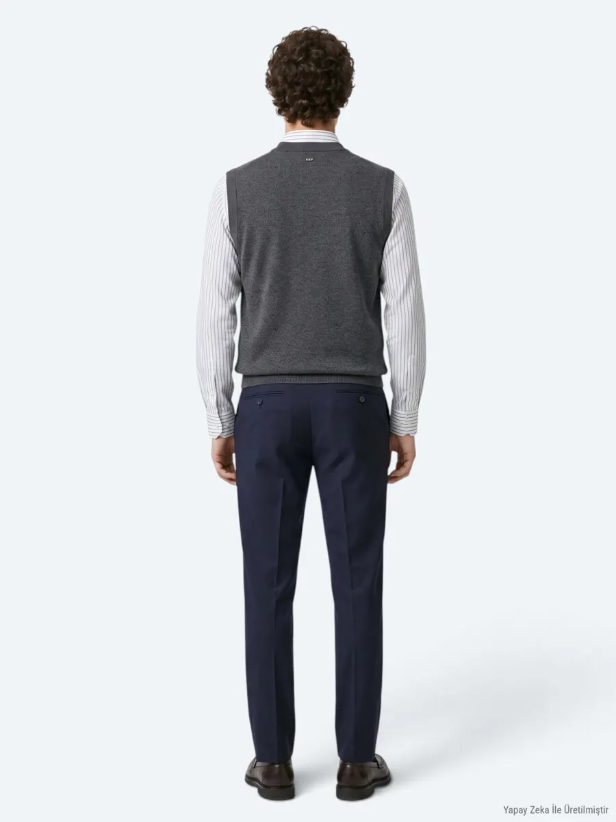 Navy Blue Weaving Fitted Fit Classical Trousers - 6