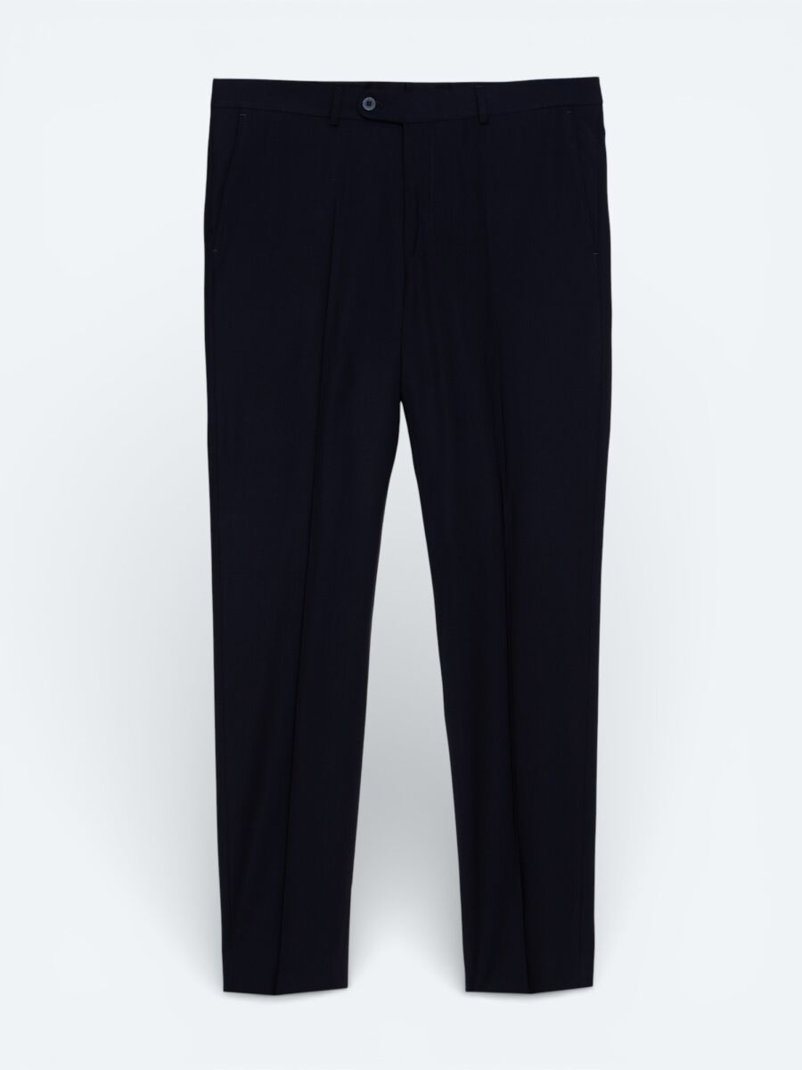 Navy Blue Weaving Fitted Fit Classical Wool Blended Trousers - 5