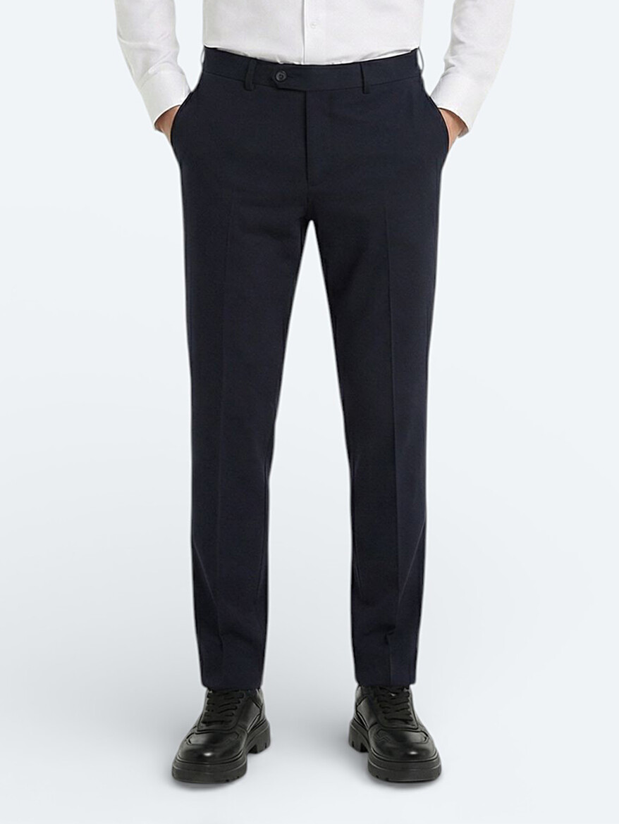 Navy Blue Weaving Fitted Fit Classical Wool Blended Trousers - 3