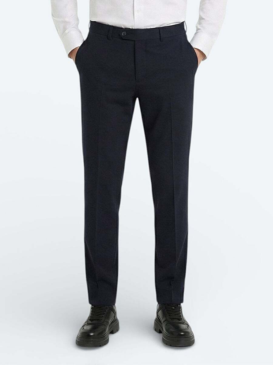 Navy Blue Weaving Fitted Fit Classical Wool Blended Trousers - 3