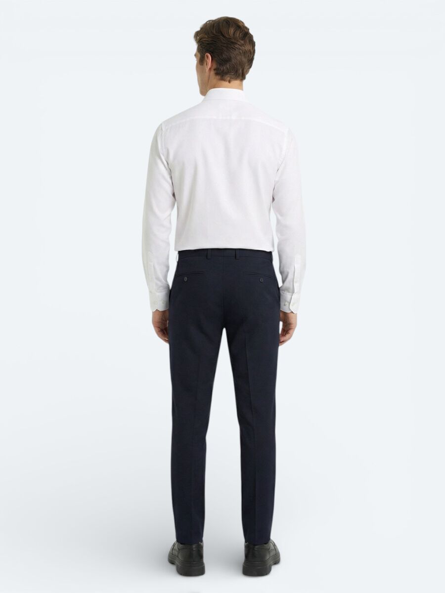 Navy Blue Weaving Fitted Fit Classical Wool Blended Trousers - 4