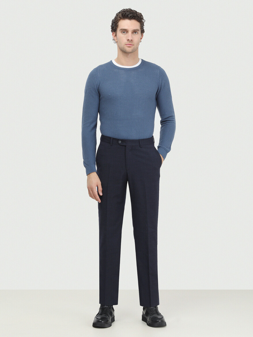 Navy Blue Weaving Fitted Fit Classical Wool Blended Trousers - 2