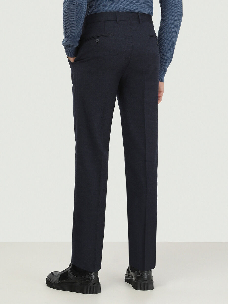 Navy Blue Weaving Fitted Fit Classical Wool Blended Trousers - 4