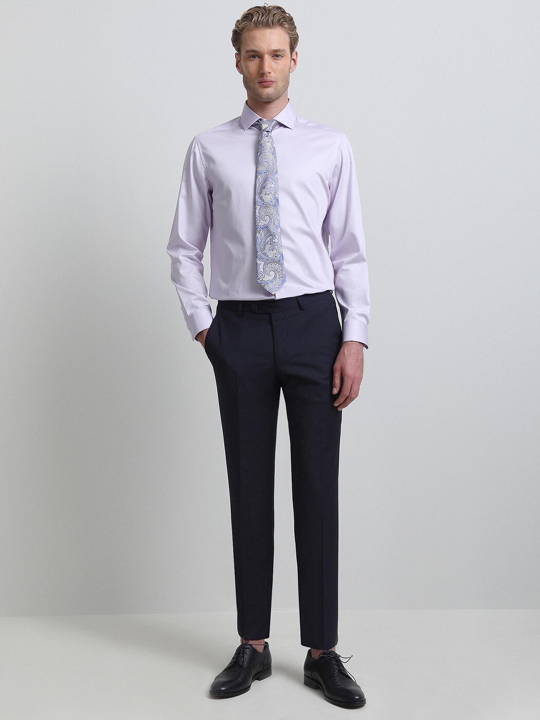 Navy Blue Weaving Fitted Fit Classical Wool Blended Trousers - 1