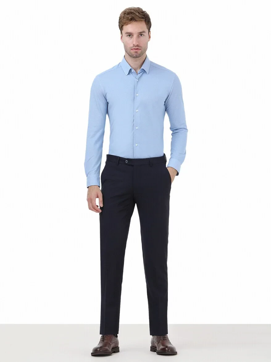 Navy Blue Weaving Fitted Fit Classical Wool Blended Trousers - 2