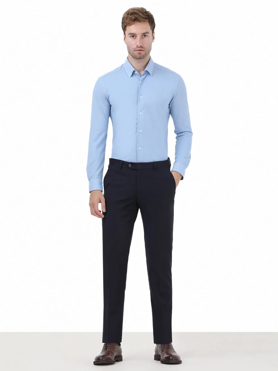 Navy Blue Weaving Fitted Fit Classical Wool Blended Trousers - 2