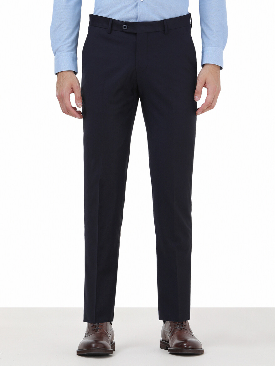 Navy Blue Weaving Fitted Fit Classical Wool Blended Trousers - 1