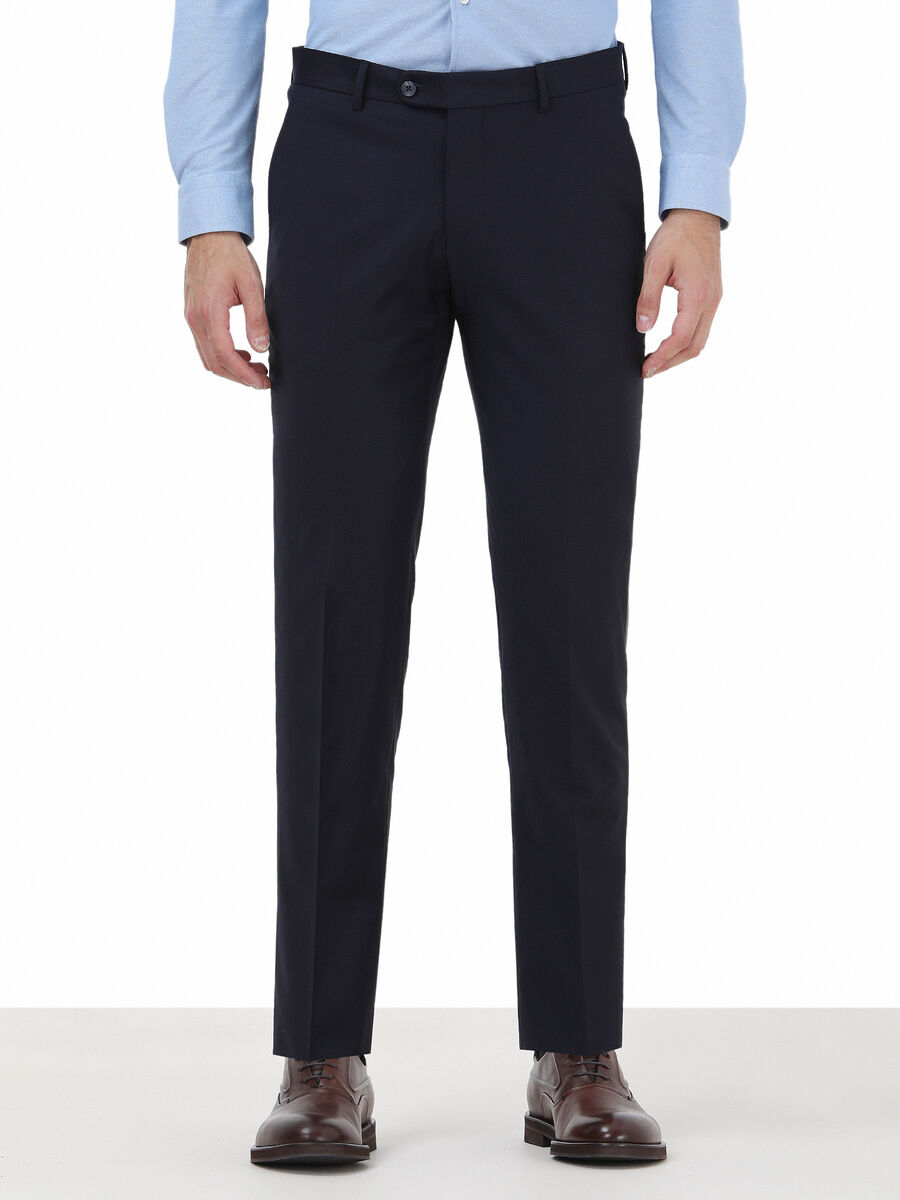 Navy Blue Weaving Fitted Fit Classical Wool Blended Trousers - 1