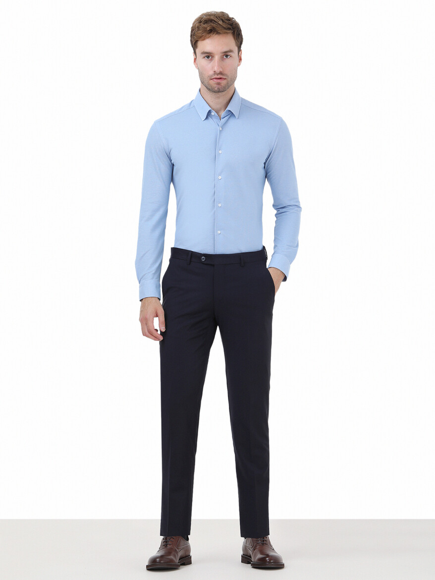 Navy Blue Weaving Fitted Fit Classical Wool Blended Trousers - 2