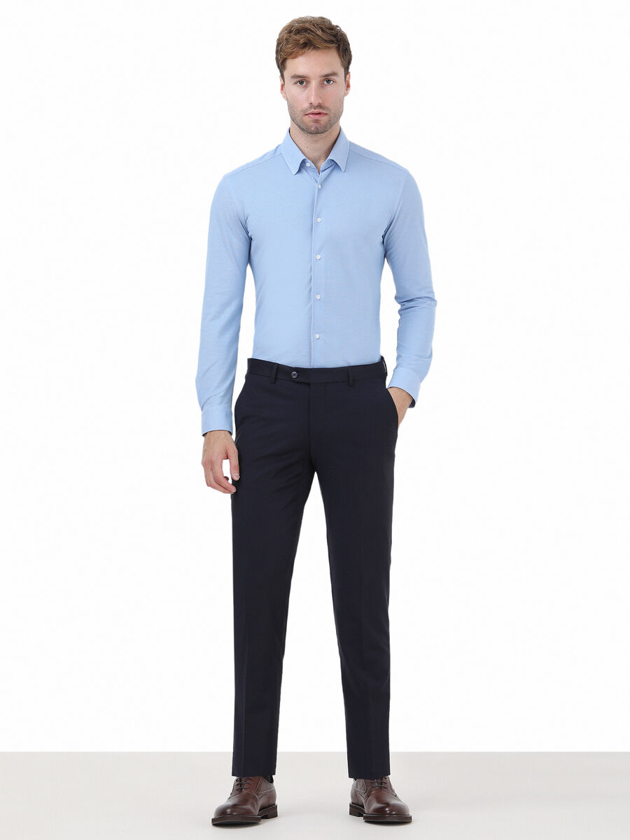 Navy Blue Weaving Fitted Fit Classical Wool Blended Trousers - 2