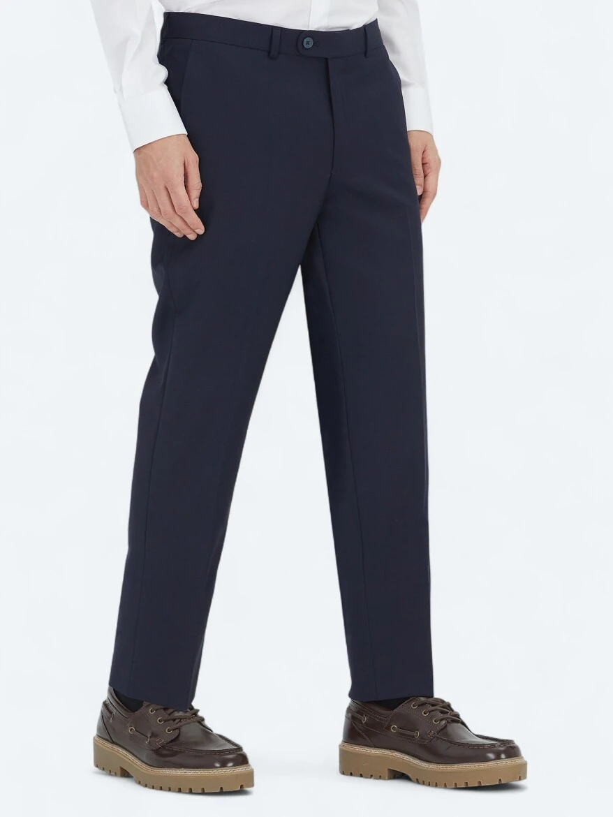 Navy Blue Weaving Fitted Fit Classical Wool Blended Trousers - 4