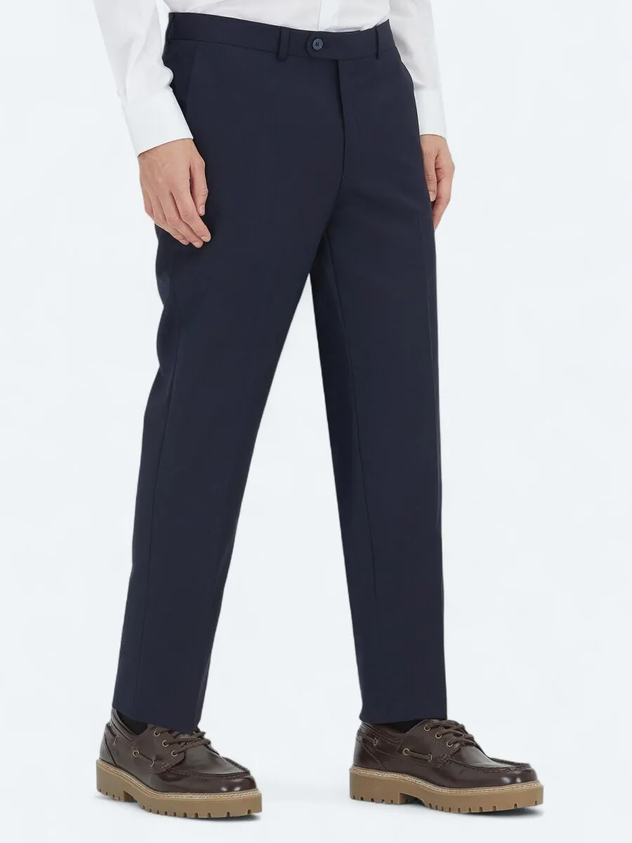 Navy Blue Weaving Fitted Fit Classical Wool Blended Trousers - 4