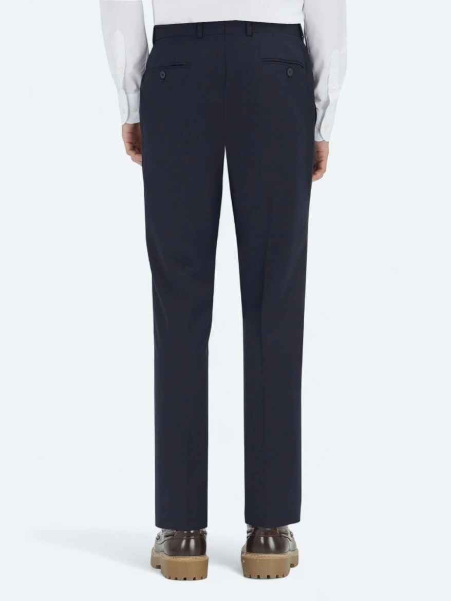 Navy Blue Weaving Fitted Fit Classical Wool Blended Trousers - 5