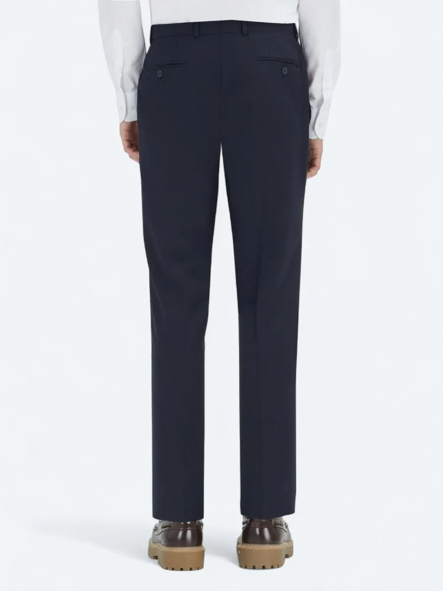 Navy Blue Weaving Fitted Fit Classical Wool Blended Trousers - 5