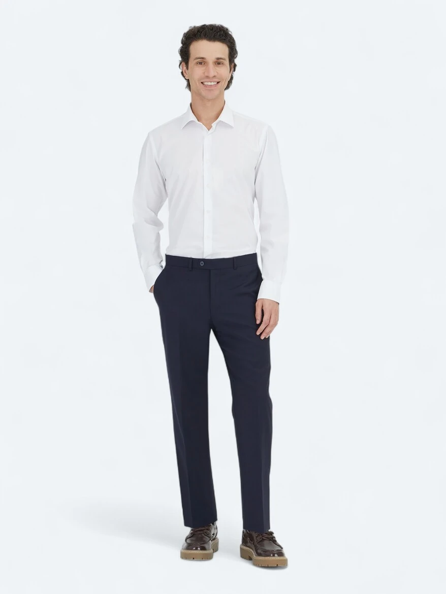 Navy Blue Weaving Fitted Fit Classical Wool Blended Trousers - KİP