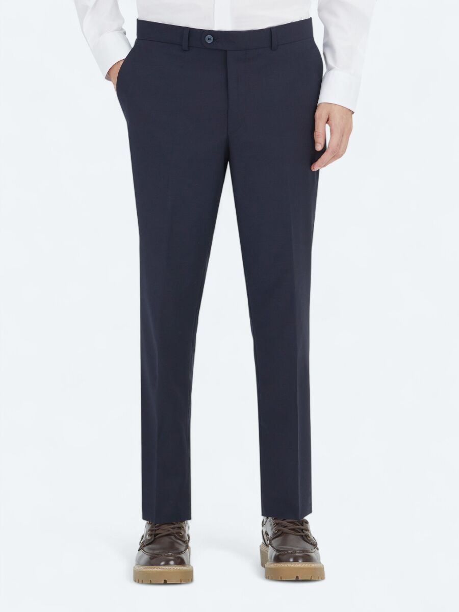 Navy Blue Weaving Fitted Fit Classical Wool Blended Trousers - 2