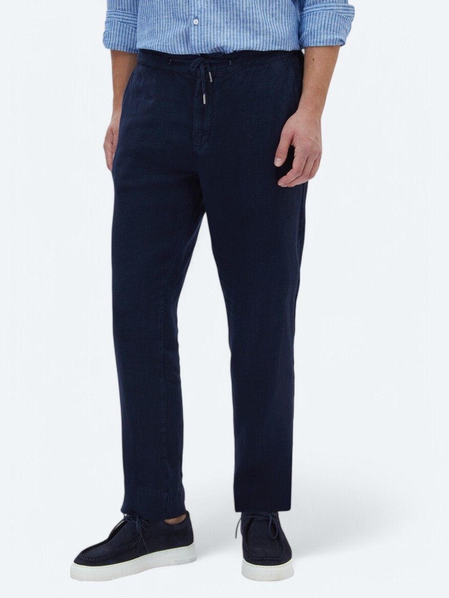 Navy Blue Weaving Jogging Fit Casual 100% Linen Trousers - 2