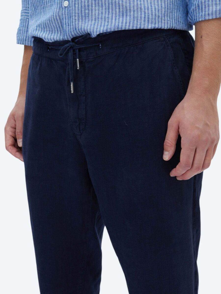 Navy Blue Weaving Jogging Fit Casual 100% Linen Trousers - 3