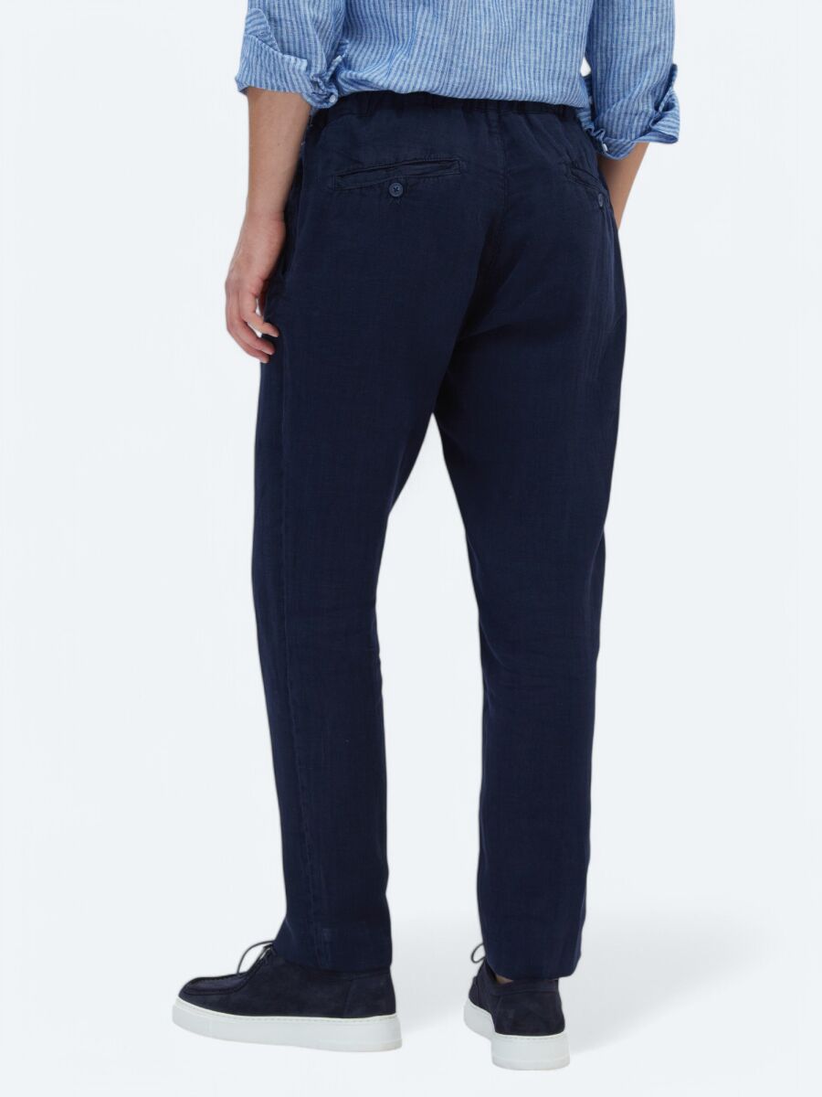 Navy Blue Weaving Jogging Fit Casual 100% Linen Trousers - 4