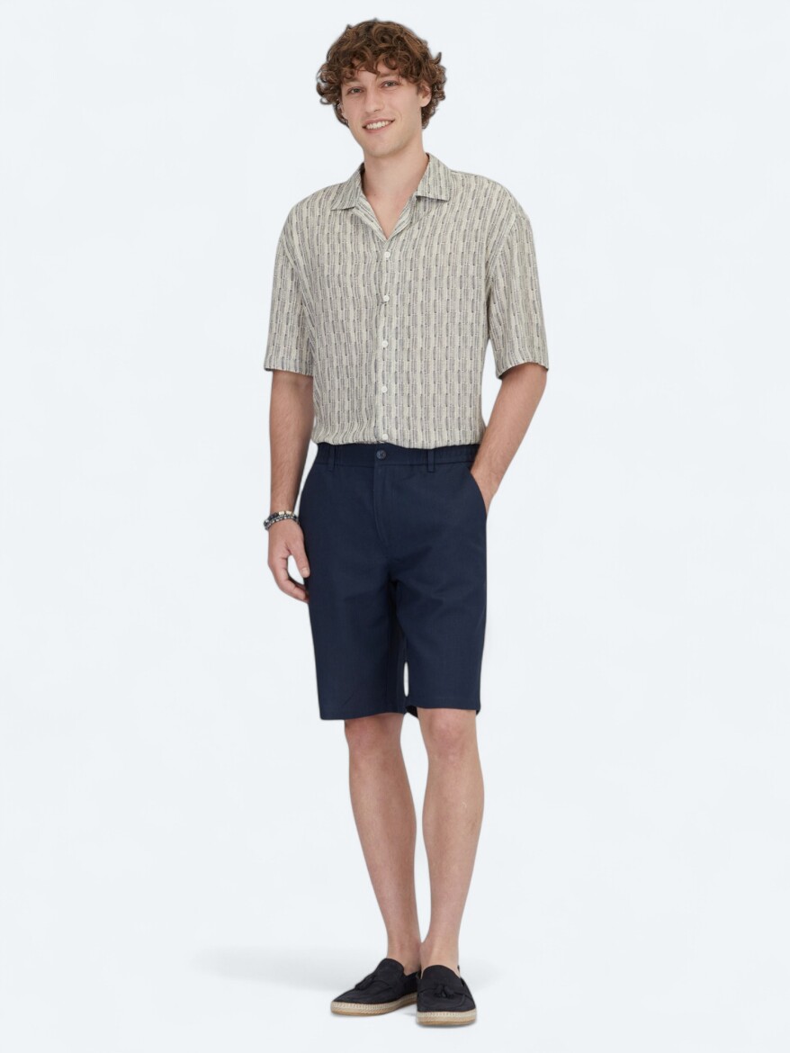 Navy Blue Weaving Jogging Fit Casual Cotton Blended Bermuda - KİP