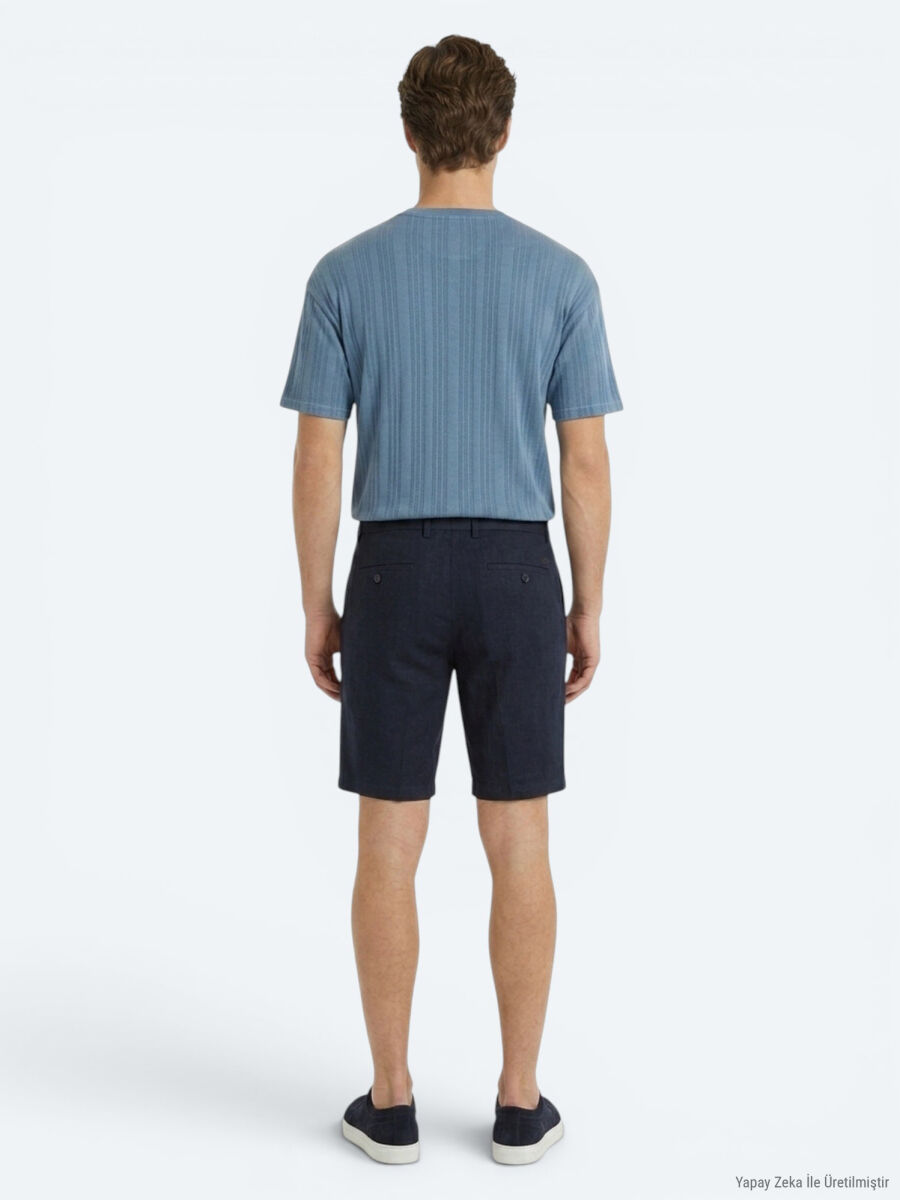 Navy Blue Weaving Jogging Fit Casual Cotton Blended Bermuda - 5