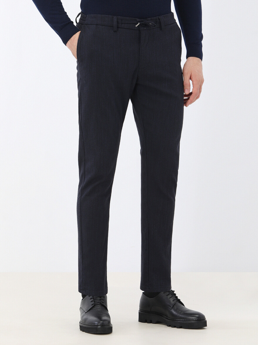 Navy Blue Weaving Jogging Fit Casual Cotton Blended Trousers - 1