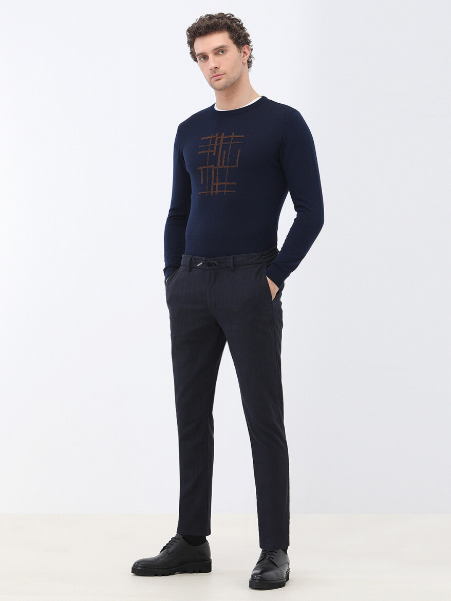 Navy Blue Weaving Jogging Fit Casual Cotton Blended Trousers - 2