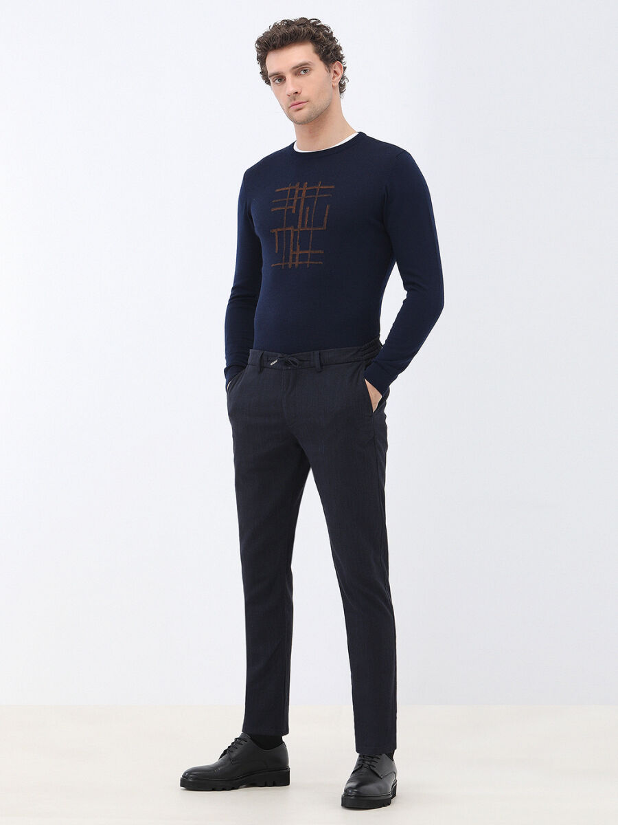 Navy Blue Weaving Jogging Fit Casual Cotton Blended Trousers - 2