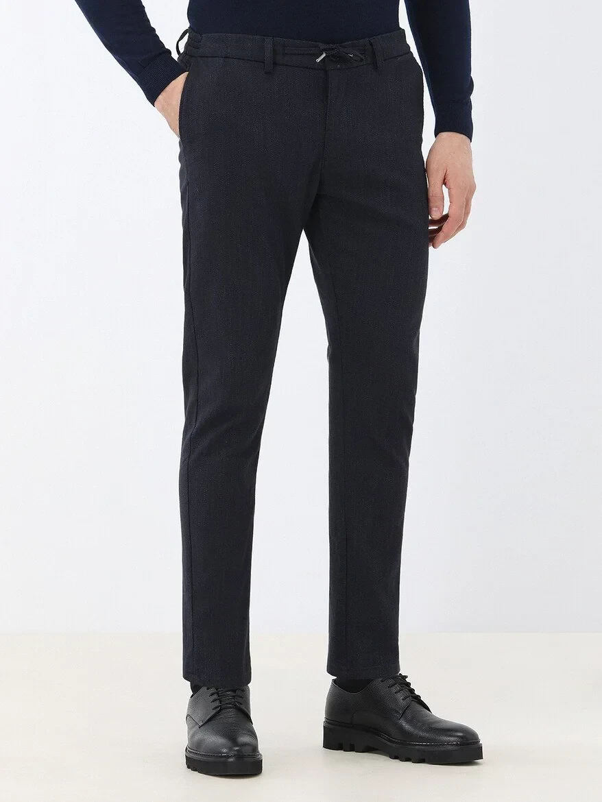 Navy Blue Weaving Jogging Fit Casual Cotton Blended Trousers - 1