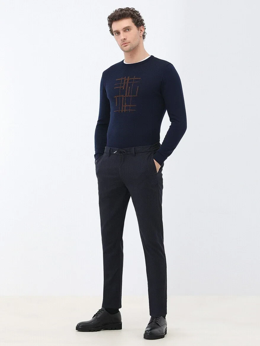 Navy Blue Weaving Jogging Fit Casual Cotton Blended Trousers - 2