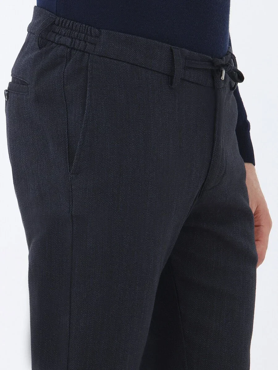 Navy Blue Weaving Jogging Fit Casual Cotton Blended Trousers - 4