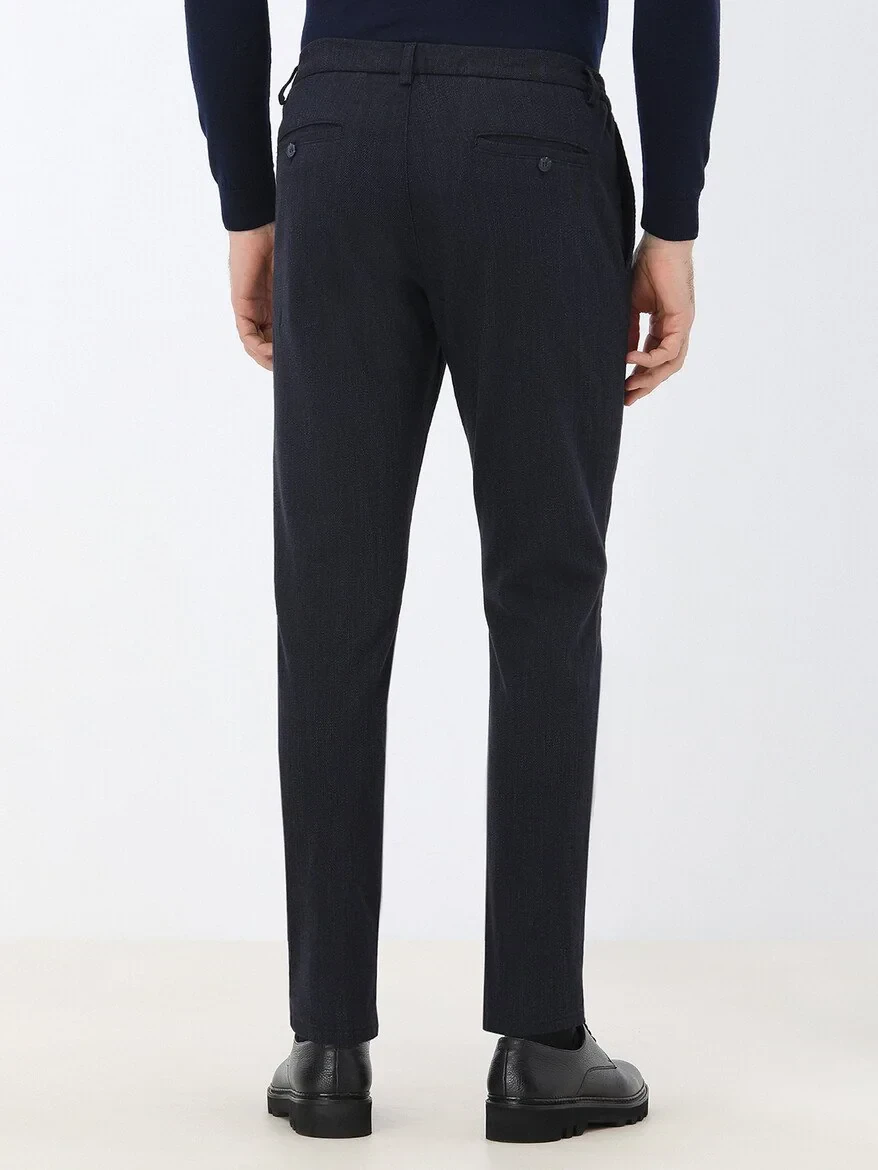 Navy Blue Weaving Jogging Fit Casual Cotton Blended Trousers - 5