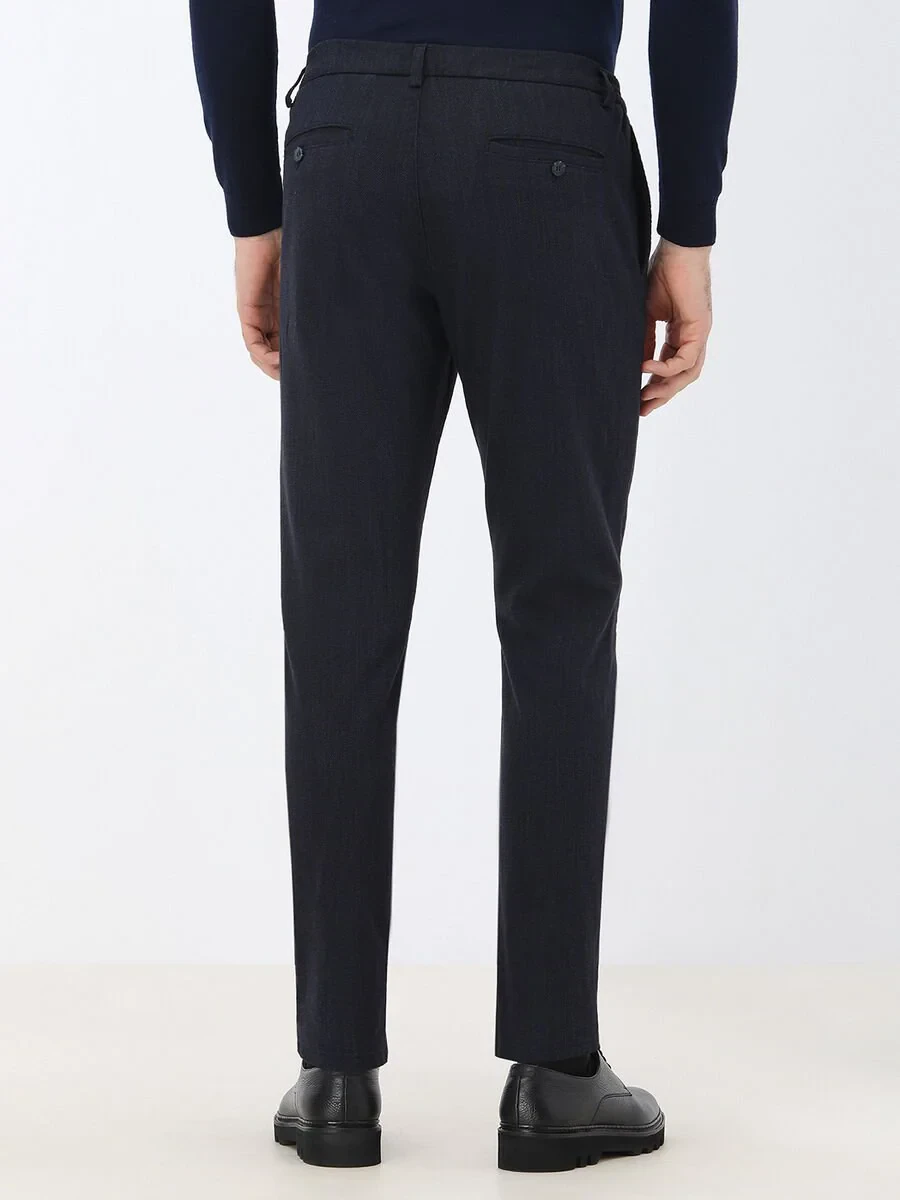Navy Blue Weaving Jogging Fit Casual Cotton Blended Trousers - 5