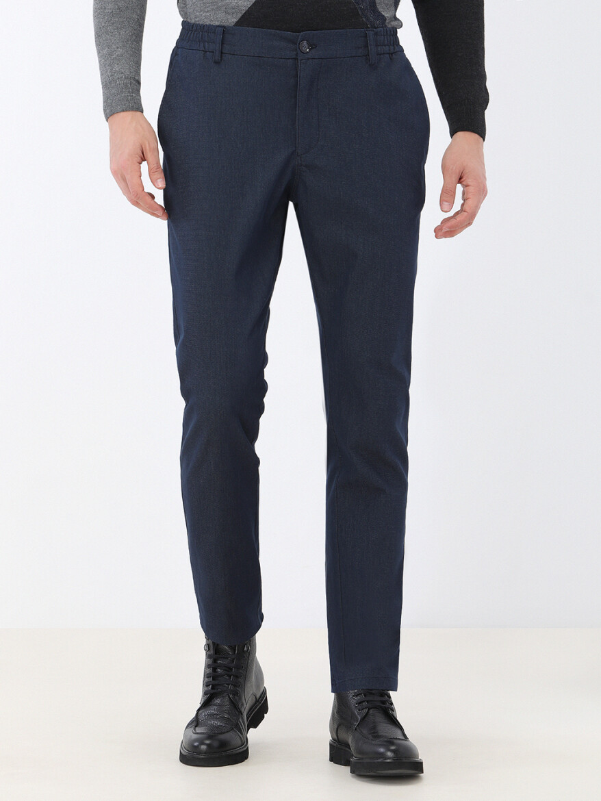 Navy Blue Weaving Jogging Fit Casual Cotton Blended Trousers - 1