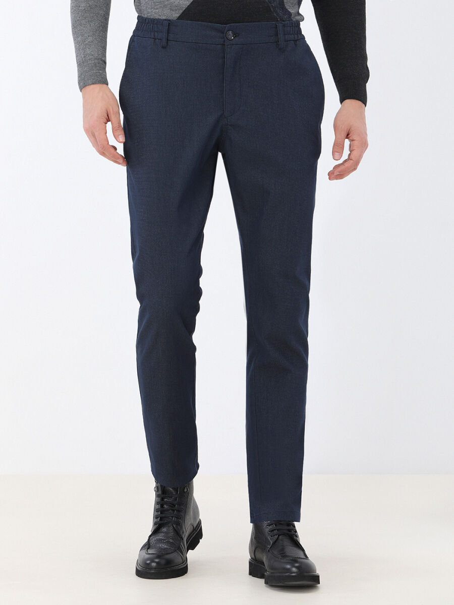 Navy Blue Weaving Jogging Fit Casual Cotton Blended Trousers - 1